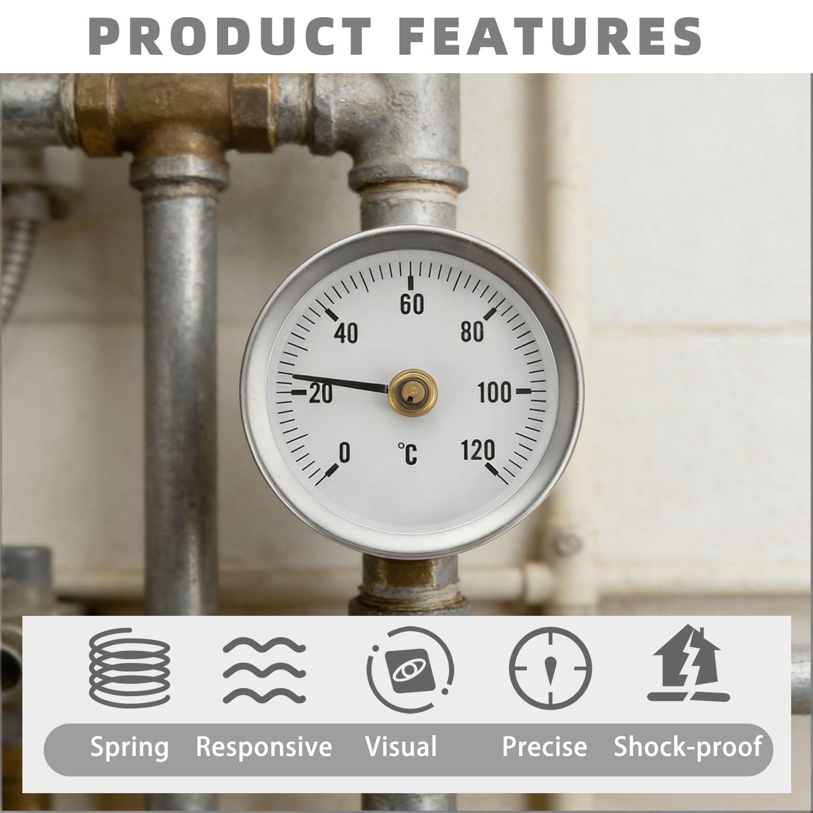 3 Stück Anlegethermometer Heizungsrohr, 63 mm 0-120 °C Bimetall Anlegethermometer Thermometer mit Clip-On Feder, Industrielles Rohrthermometer, Anlege-Zeigerthermometer