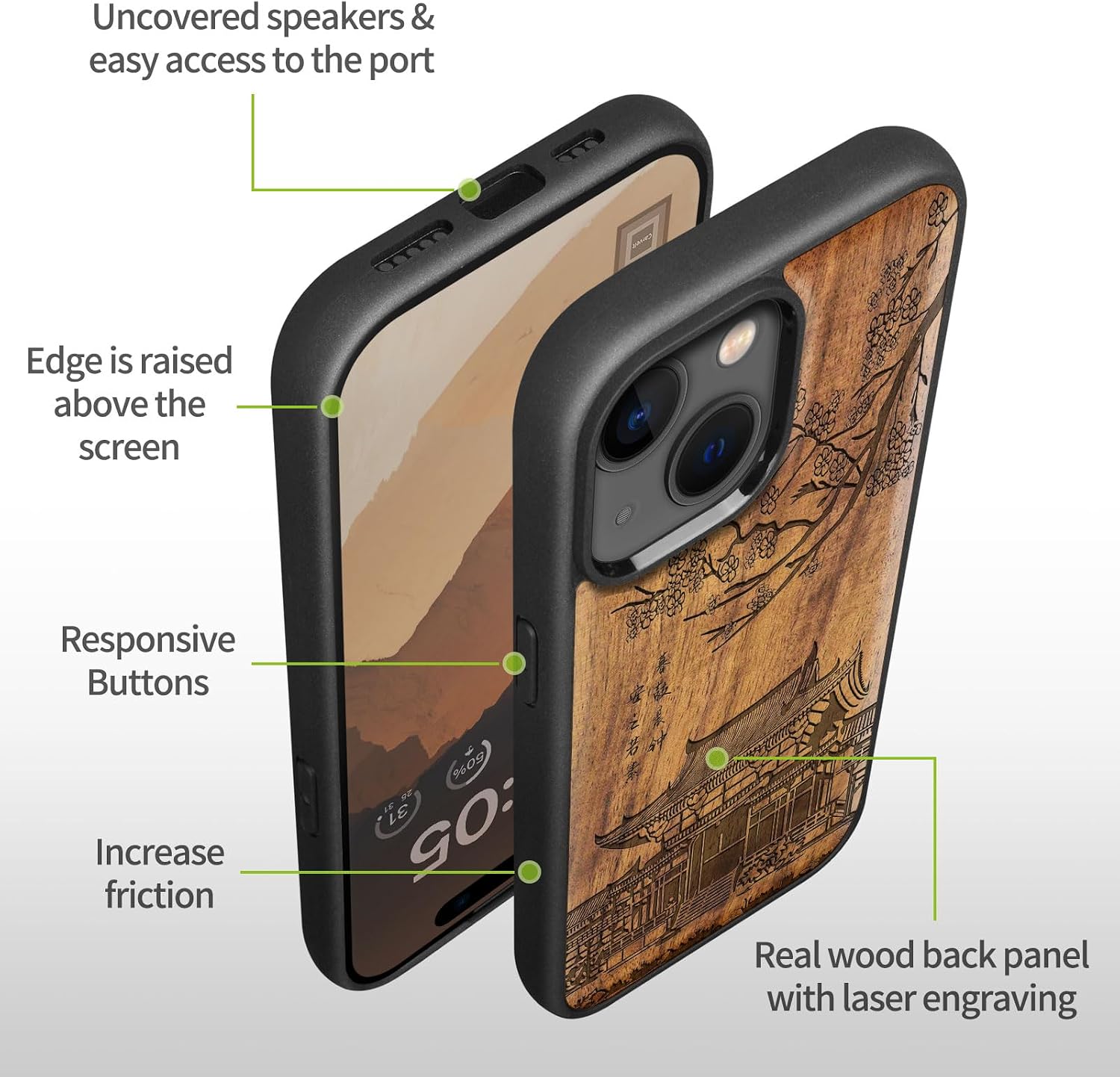 Carveit Magnetic Wooden Case for iPhone 15 Case, Compatible with MagSafe Wireless Chargers, Black Soft TPU Shockproof Cover & Wood Artisan Engraved (Traditional Temple) - Walnut
