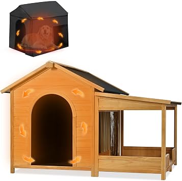 60" Outdoor Wooden Dog House, Large Wood Dog Kennel with Removable Insulated Liner and Elevated Floor, Waterproof Dog Houses for Small, Medium and Large Dogs up to 120 lbs for Patio Garden Yard