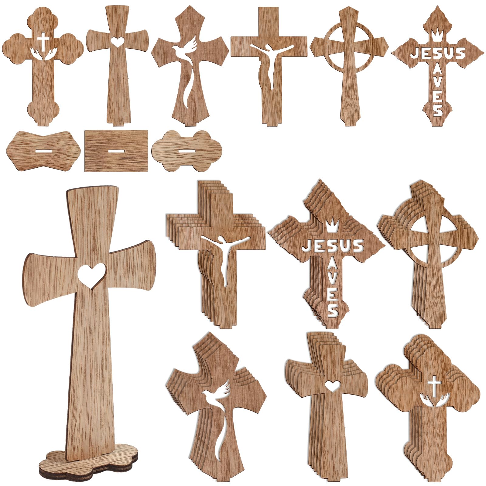 Yuntau 24 Pcs Wooden Crosses Baptism Crafts Centerpieces for Tables Wood Catholic Standing Cross with Bases for Communion Decor Home Tables Decoration Gift, 6 Styles, 6.7 x 4.3 Inch (Brown)