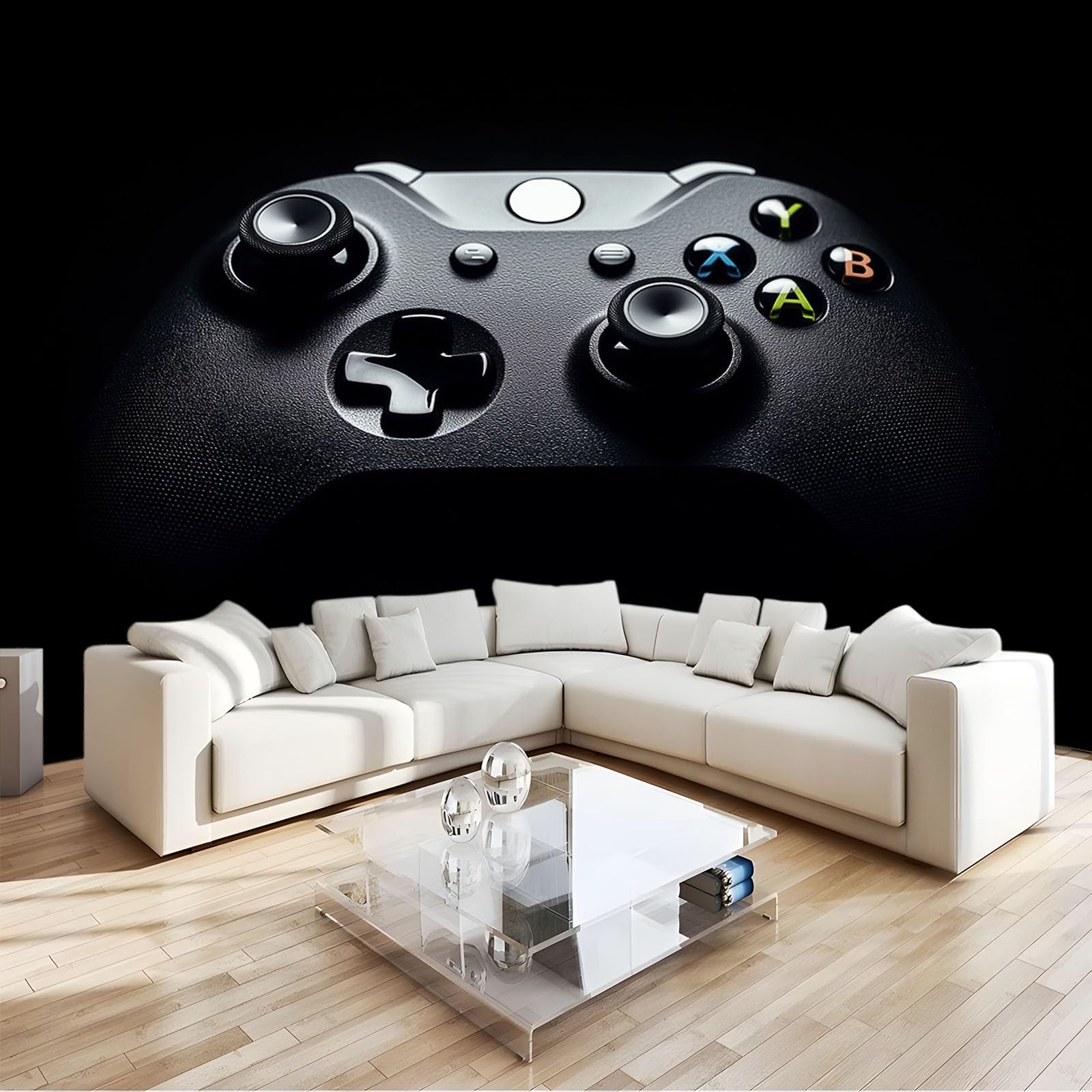 Papier peint intissé 3D pour relooker un mur abîmé motif manette de jeu noire 300x210