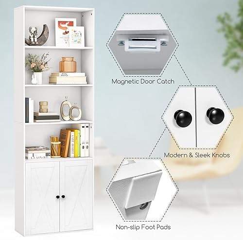 Miniatura 9 de Tangkula Estantería alta con puertas, estantería independiente de 71 pulgadas de alto con 6 estantes y armario de 2 puertas, estante de exhibición