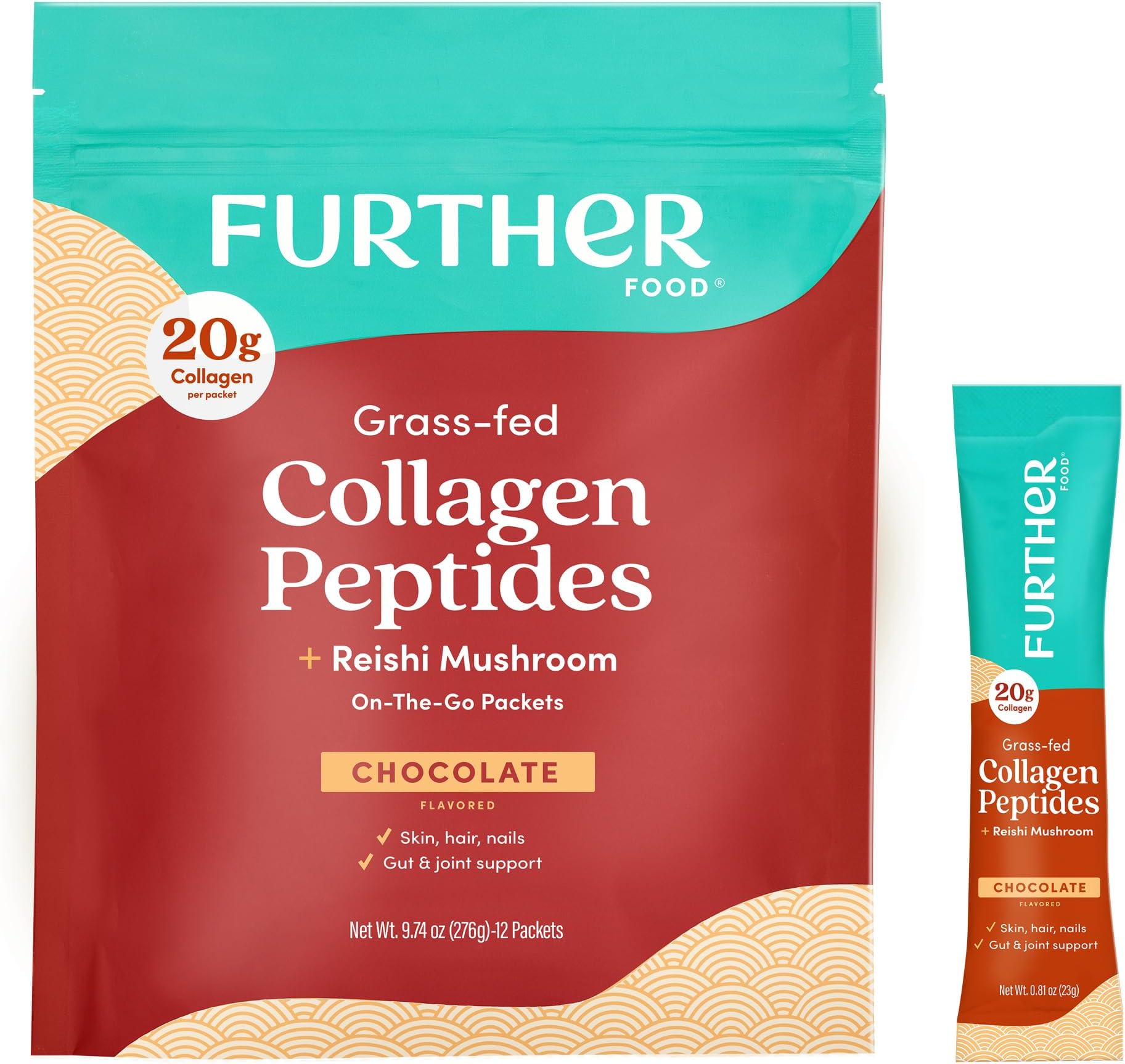 Further Food Chocolate Collagen Peptides Powder with Reishi Mushroom - 100% Grass-Fed, Hydrolyzed Type 1 & 3, 20g of Collagen per Serving, Supports Skin, Hair, Nails & Joints, Stick Packs, 9.74 Oz