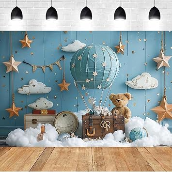 Hot Air Balloon Bear Baby Shower Photography Background Baby Boys One 1st Birthday Backdrop Luggage Adventure Background Cake Smash Kids Birthday Party Newborn Shower Backdrop,9x6feet