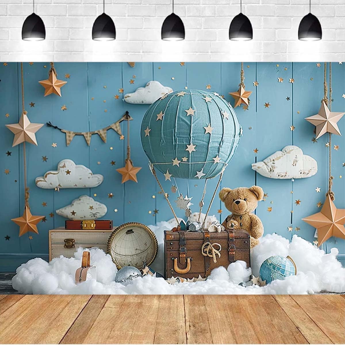 JICONEE Hot Air Balloon Bear Baby Shower Photography Background Baby Boys One 1st Birthday Backdrop Luggage Adventure Background Cake Smash Kids