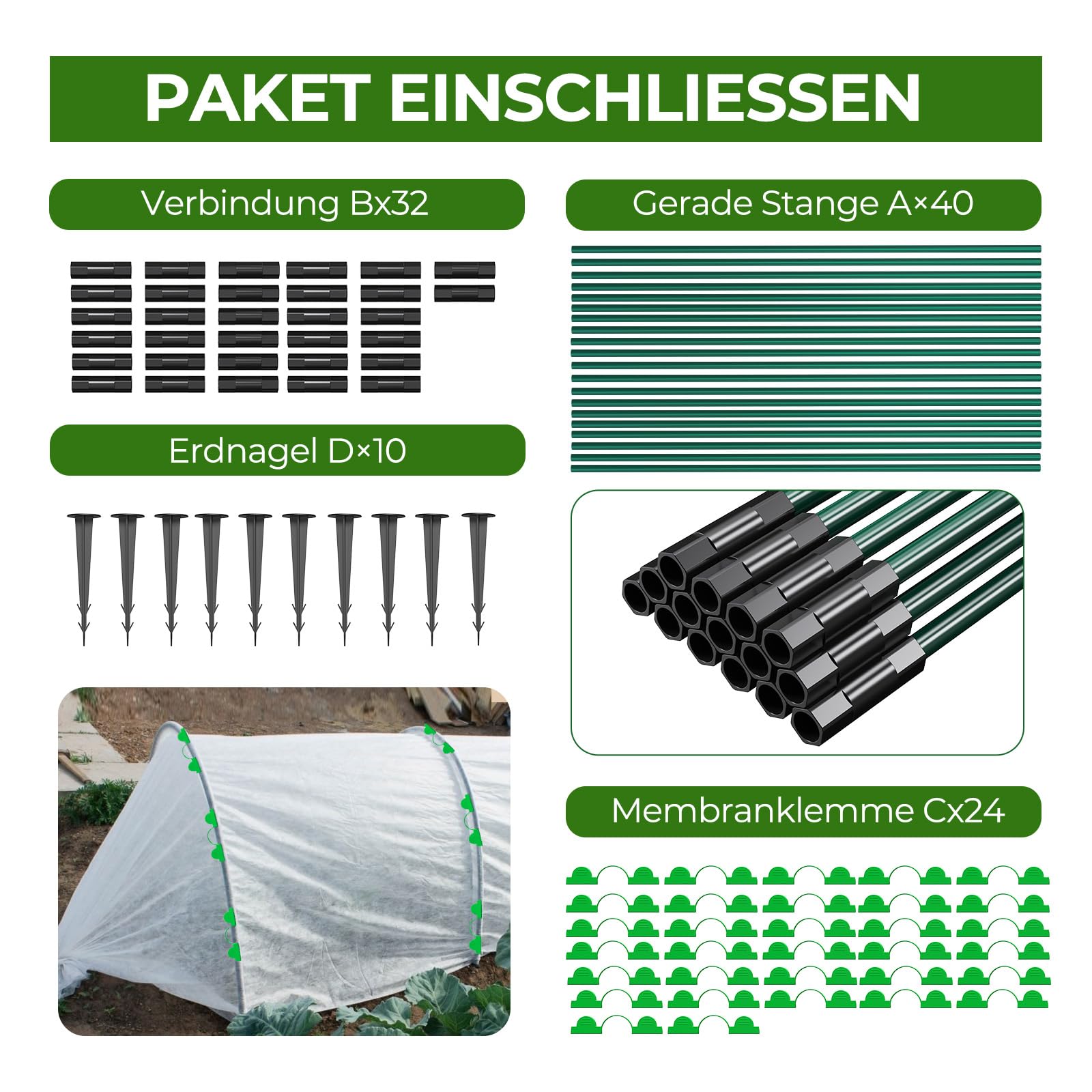 40Pcs Pflanztunnel Bögen，155×65cmFolientunnel für Hochbeet mit 106 Teilen，Pflanztunnel Bögen für Hochbeet,Frühbeet Tunnel DIY Pflanze Unterstützungfür Garten Zeile Abdeckung Pflanzen Obst Gemüse