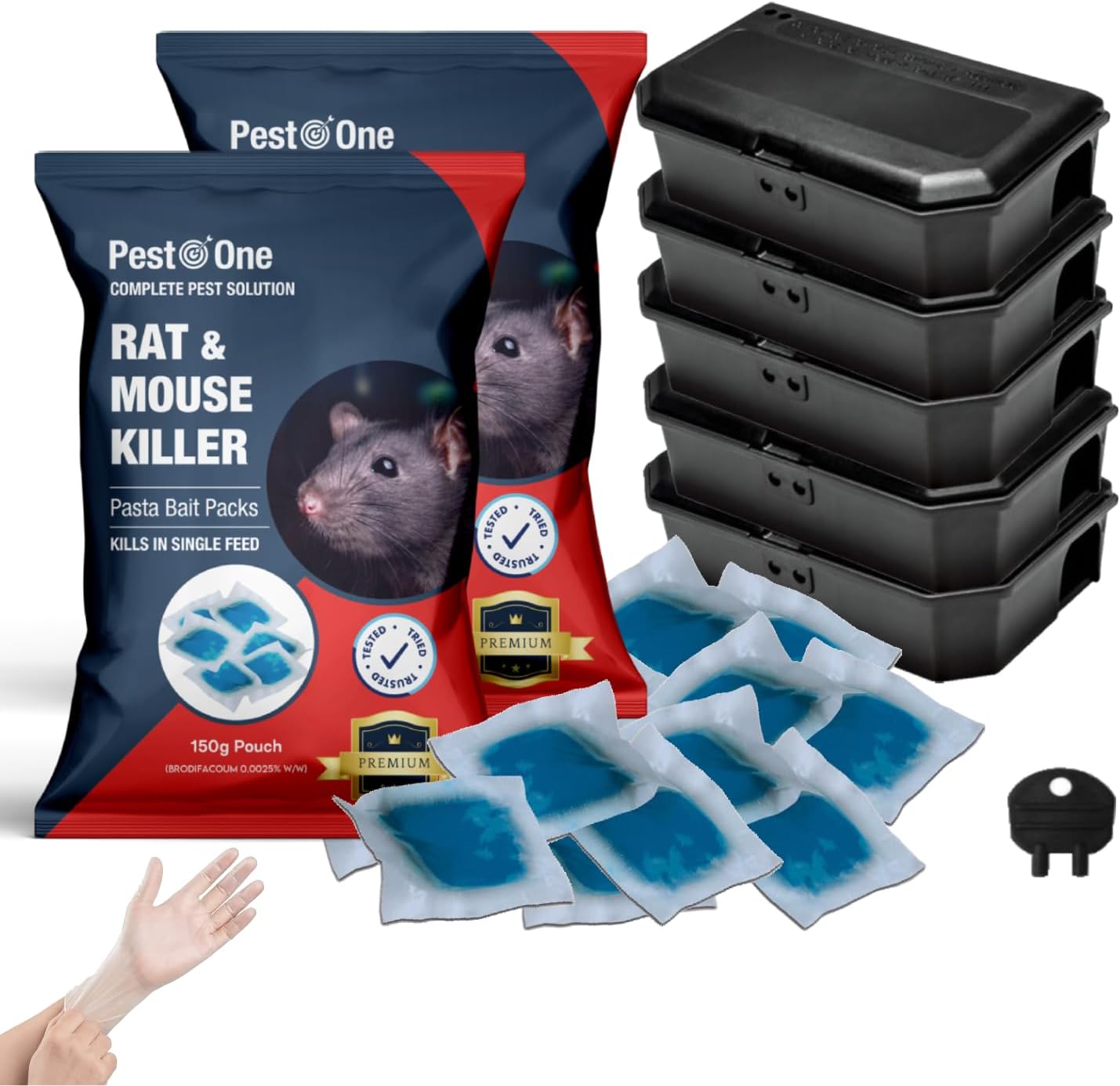 Mouse Poisoning Blue Pasta Sachets and Mouse Bait Boxes Rat Pasta Bait Black Tamper-Proof Mouse Poisoning Bait Boxes Rodent Control Kit (Pack of 2x150g Blue Pasta Bait with 5 Mouse Boxes)