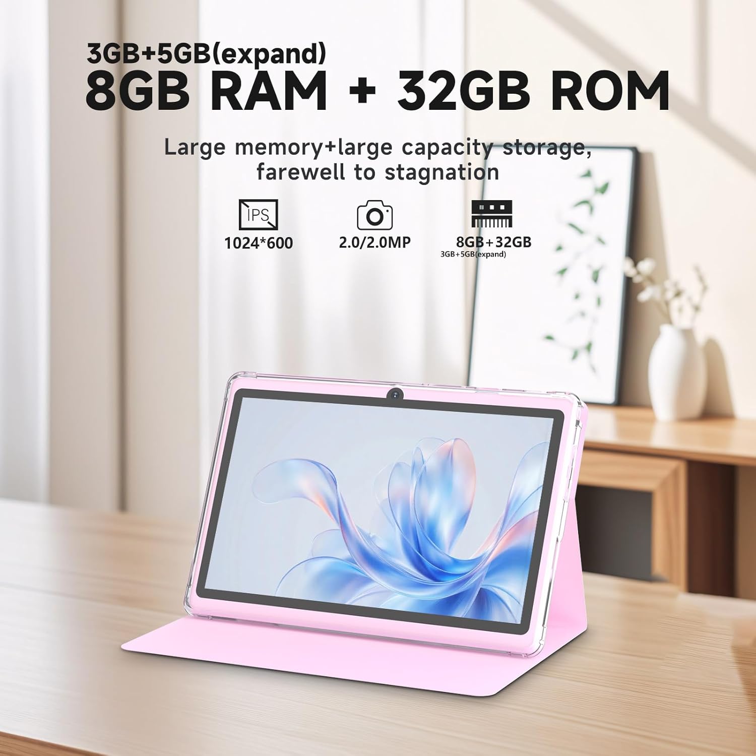 Tablet 7Inch Android 14.0 with Protective Case,8GBRAM（3GB+5GB expend）+ 32GB ROM, IPS Screen, Dual Camera, Bluetooth 5.0 2.4G+5G WiFi ;3000mah Battery Tab (Pink