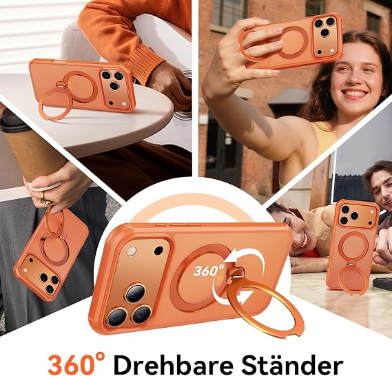 360° Rotating Magnetic Stand for iPhone 17 Pro Case (Compatible with MagSafe) [18 ft Military Drop Protection] Matte Shockproof Scratch-Resistant for iPhone 17 Pro Case 6.3 Inches Cosmic Orange