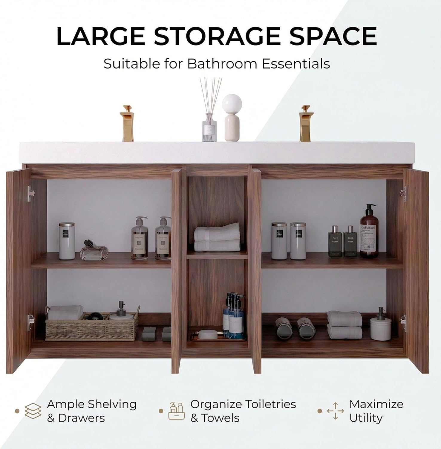 60" Double Bathroom Vanity with Sink Combo, Mid Century Modern Bathroom Cabinet with Doors & Shelves, Glossy White Integrated Sink with Overflow, Walnut