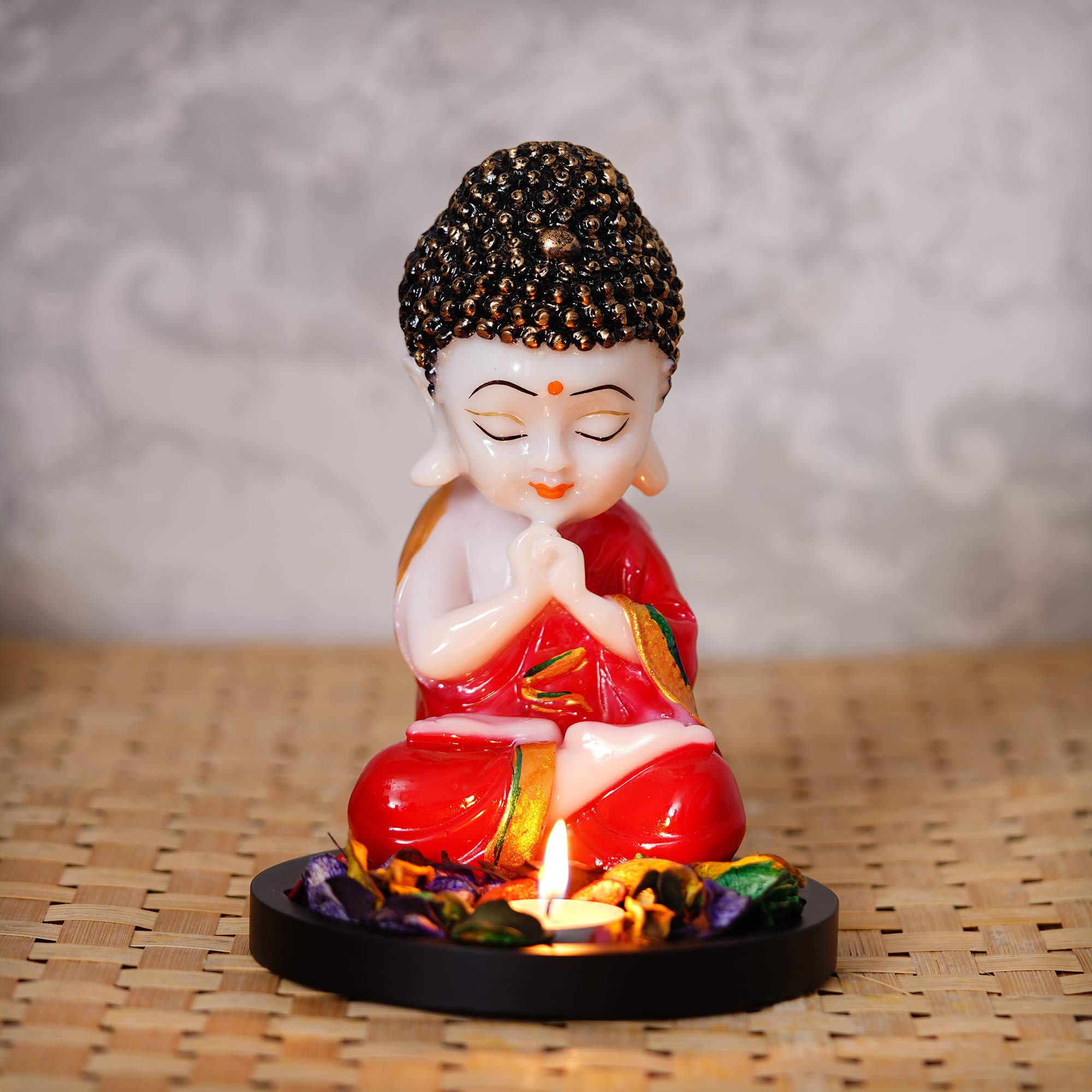eCraftIndia Red and White Polyresin Praying Little Monk Buddha Statue with Wooden Base, Fragranced Petals Tealight Candle Holder - Serene Decor for Home, Office, Meditation Spaces - Gift for Diwali-image-11