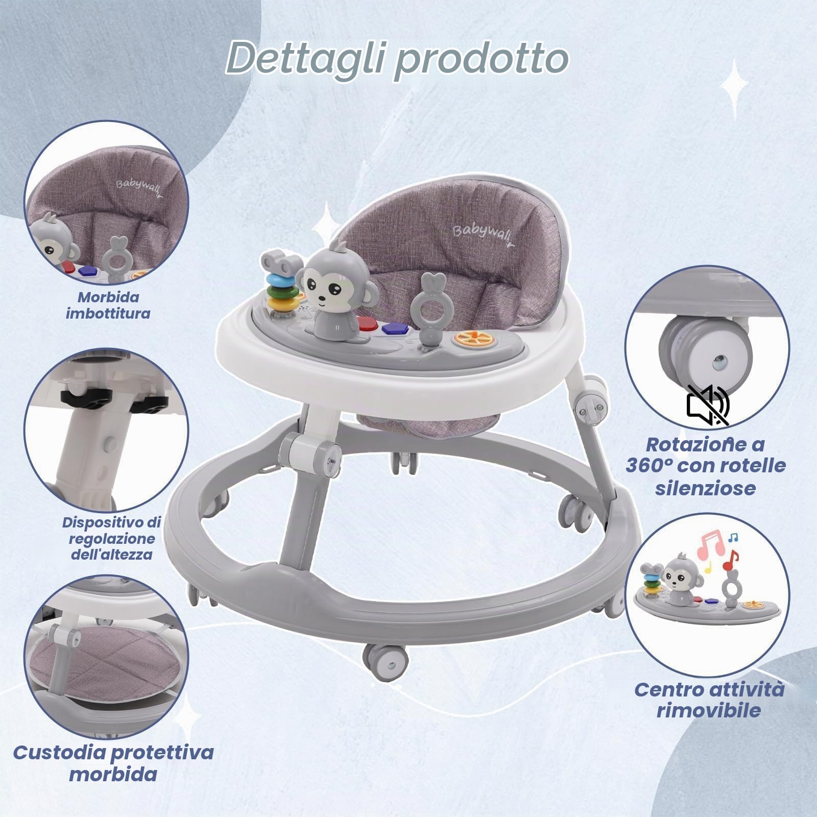 Girello antiribaltamento in plastica didattico Montessori musicale Giocattolo da esterno 4 in 1 Girello Ausilio per camminare in piedi Ragazza Grigio