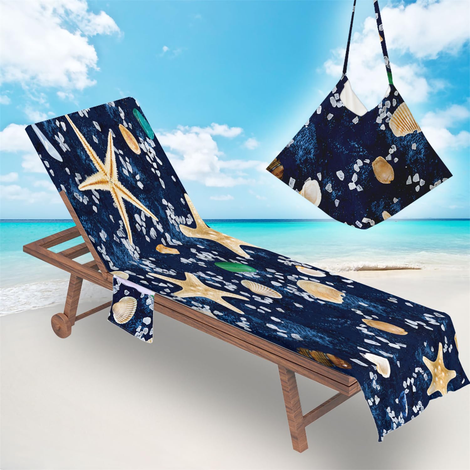 Surwin Sun Lounger Towels with Pockets, Beach Towel Chair Cover Mate Sunbed Towels Lounger Bag for Summer Holiday Outdoor Pool Garden Vacation - Dark Blue, 75x210cm