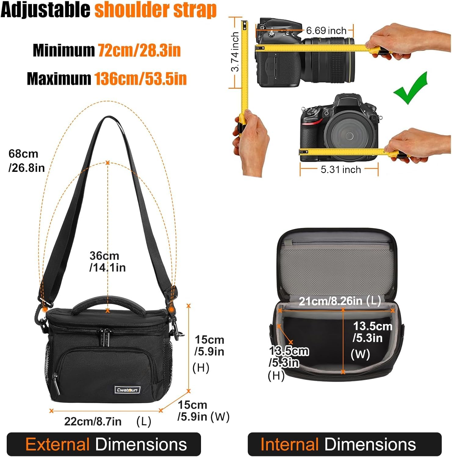 Cwatcun Sacoche pour Appareil Photo Reflex, Sacoche Photo étanche pour Appareil Photo Reflex pour Canon, Nikon, Sony, Fuji Klein DSLR/SLR et Objectif,Noir,S