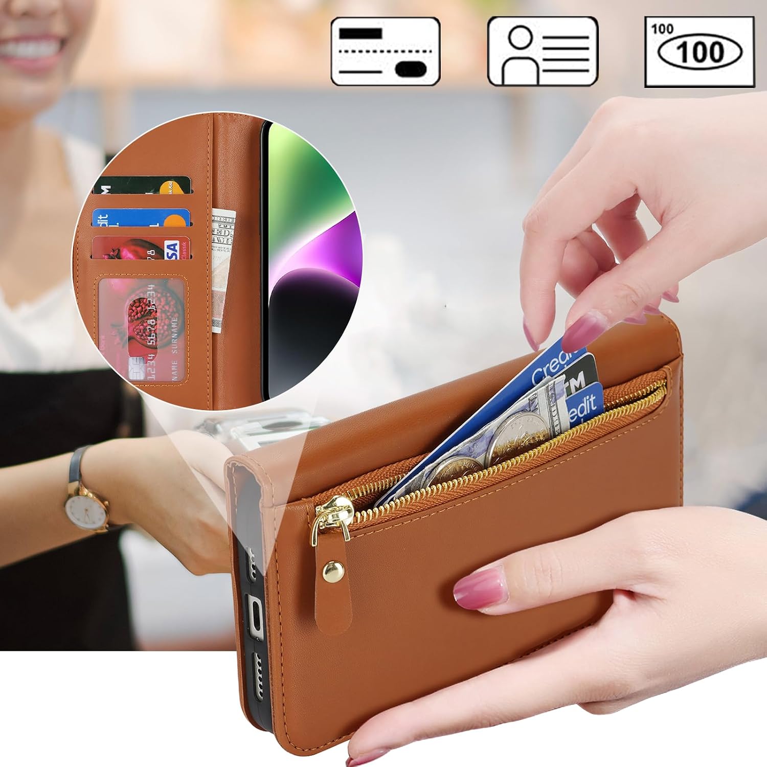 Ｈａｖａｙａ for iPhone 13 case with Card Holder Zipper for Women Men iPhone 14 case Wallet Flip Folio Credit Card Slots Stand Shockproof PU Leather Phone Cover(6.1")-Brown