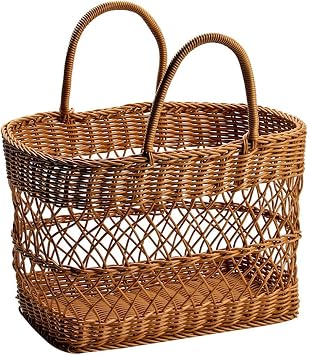 Farmers Market Basket, Shopping Basket with Handles, Foraging & Picnic Basket Tote, Imitation Wicker Weave Style, Portable Outdoor Basket for Gardening, Flower Collecting and Storage M