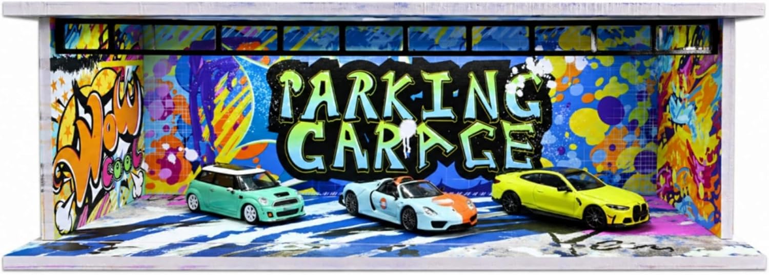 1/64 Diorama Graffiti Garage Model, Tri-Color Dimmable LED Lighting Car Parking Lot Scene Display Case,with Acrylic Dust Door, Building Model Garage, for Diecast Model Cars Display
