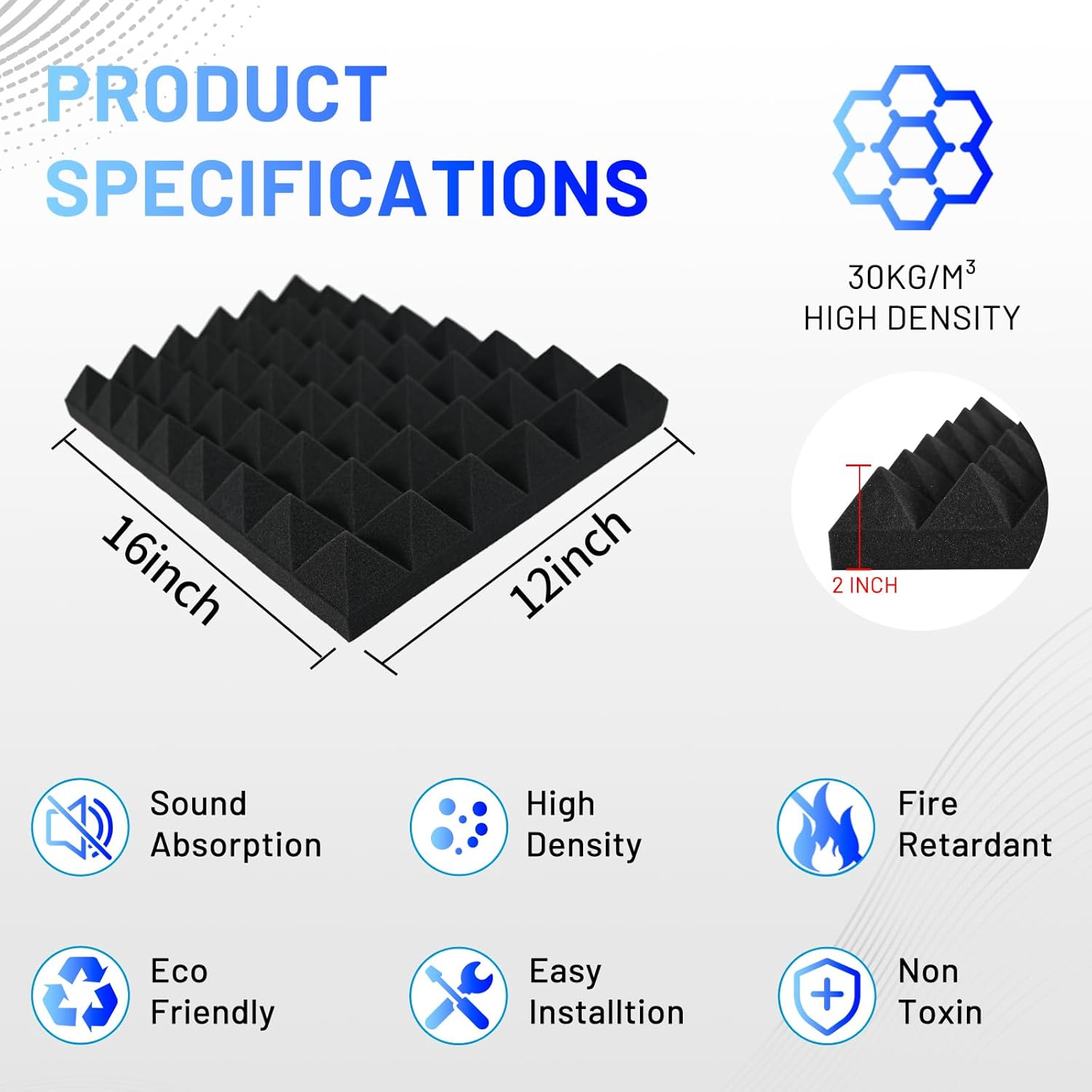 Focusound 24 Pack Sound Proof Foam Panels for Walls, 12" X 16" X 2" Pyramid Acoustic Foam Panels 30 kg/m³ High Density Noise Reduction Soundproof Wall Panels for Office Studio Game