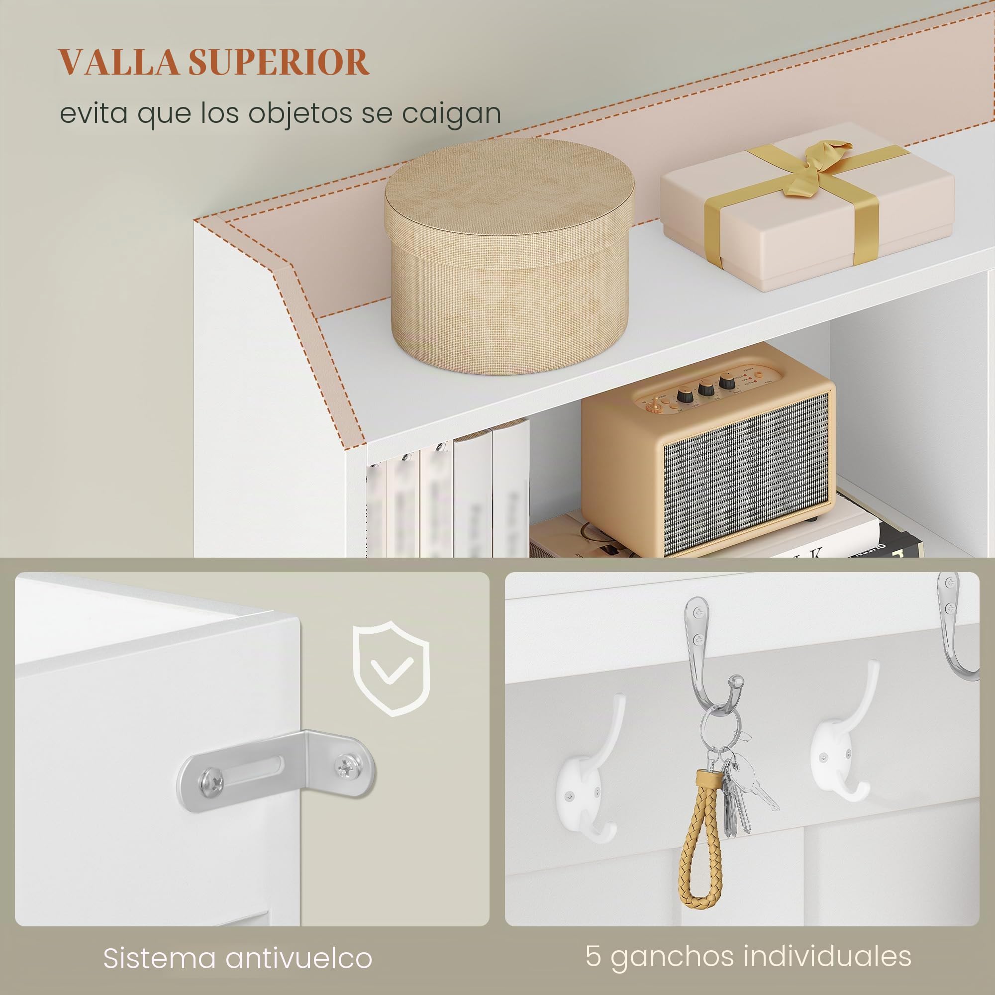 HEXCELEN Perchero Recibidor con Banco Zapatos, 14 Ganchos, Blanco | Perchero con 7 Compartimentos Abiertos, Estantes Ajustables, para Pasillos, Vestíbulos, Salones, 30 x 100 x 183,4 cm