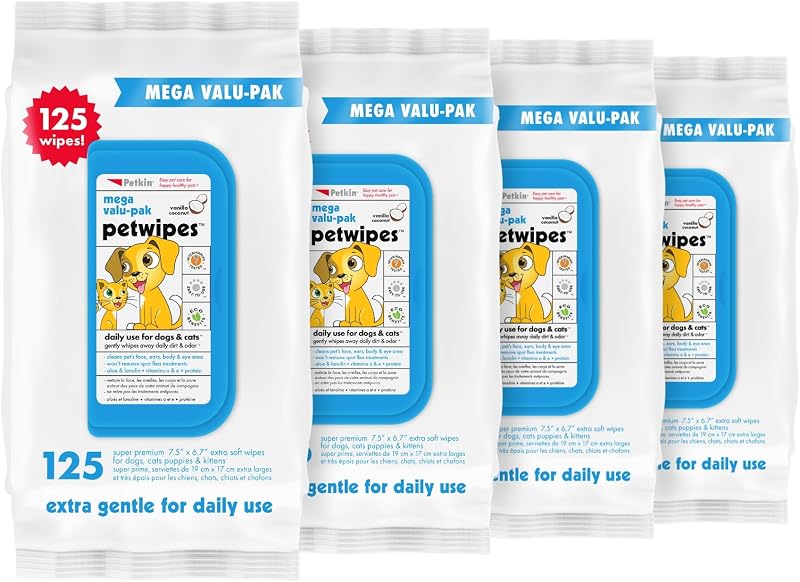 Toallitas para mascotas Mega Valu-Pak, 500 toallitas en total – Toallitas para mascotas para perros y gatos – para cara, patas, orejas, cuerpo y área de los ojos – Toallitas de limpieza para perros súper prácticas, ideales para el hogar o viajes – Fácil de usar