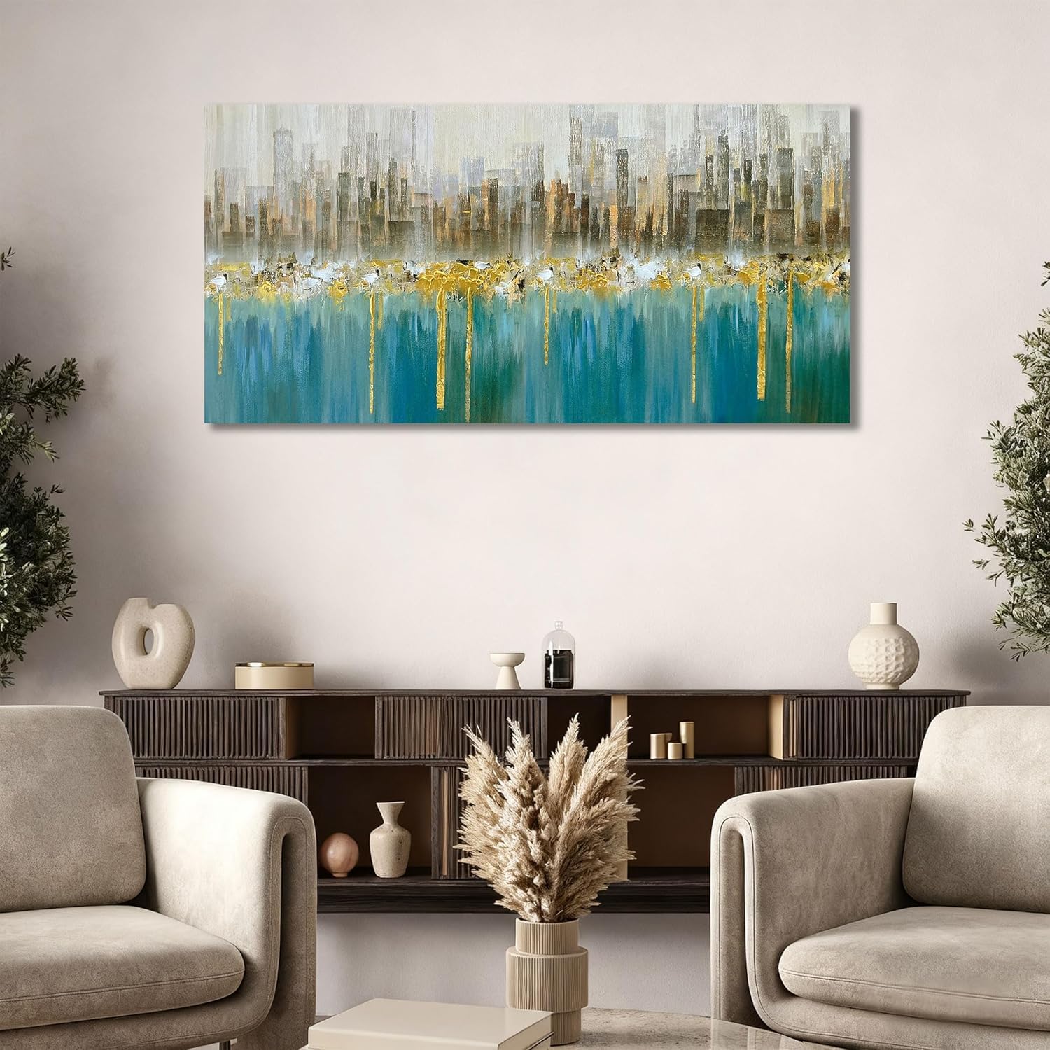 lianyibo Turkusowy abstrakcyjny pejzaż miejski, płótno, sztuka ścienna, szare budynki, duże turkusowe plakaty wydruki do salonu, sypialni, dekoracja (40 x 80 cm / rama wewnętrzna)
