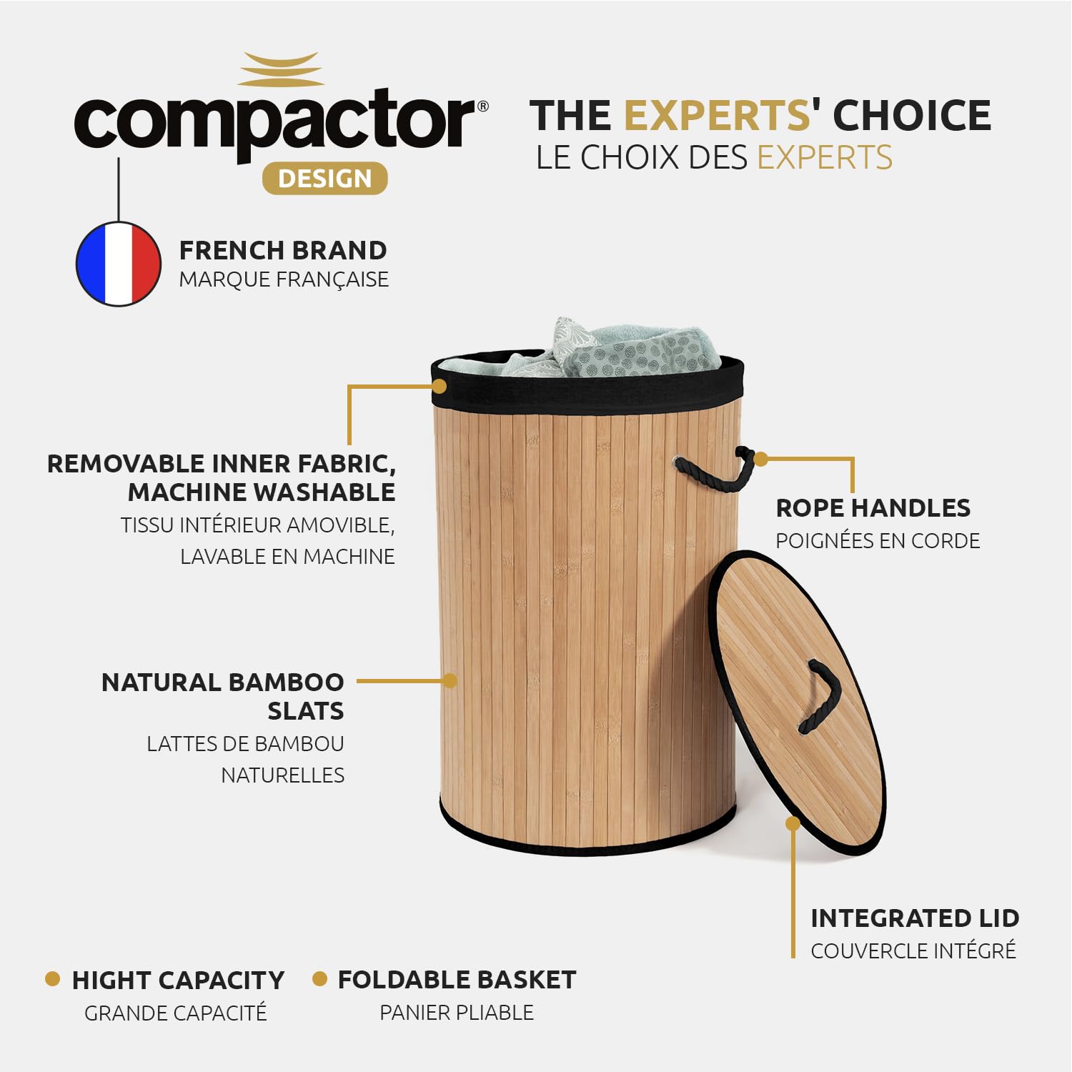 COMPACTOR - Panier à linge rond pliable en bambou avec couvercle - Tissu intérieur noir amovible - Poignées en corde - Format gain de place 40 x H60 cm - Style naturel et sobre