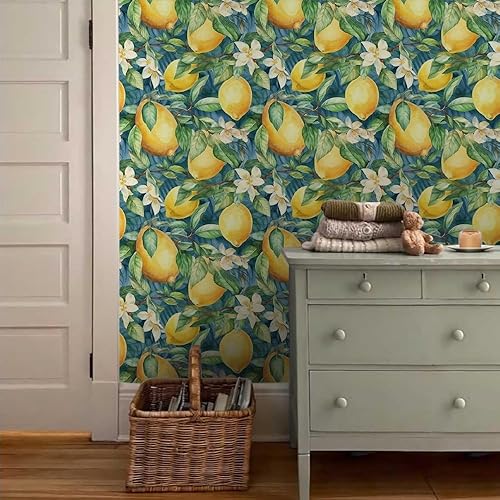 Miniatura 3 de Papel tapiz autoadhesivo autoadhesivo de 18 x 236 pulgadas, con frutas de árbol de limón, pintura al óleo amarilla, papel de contacto extraíble para