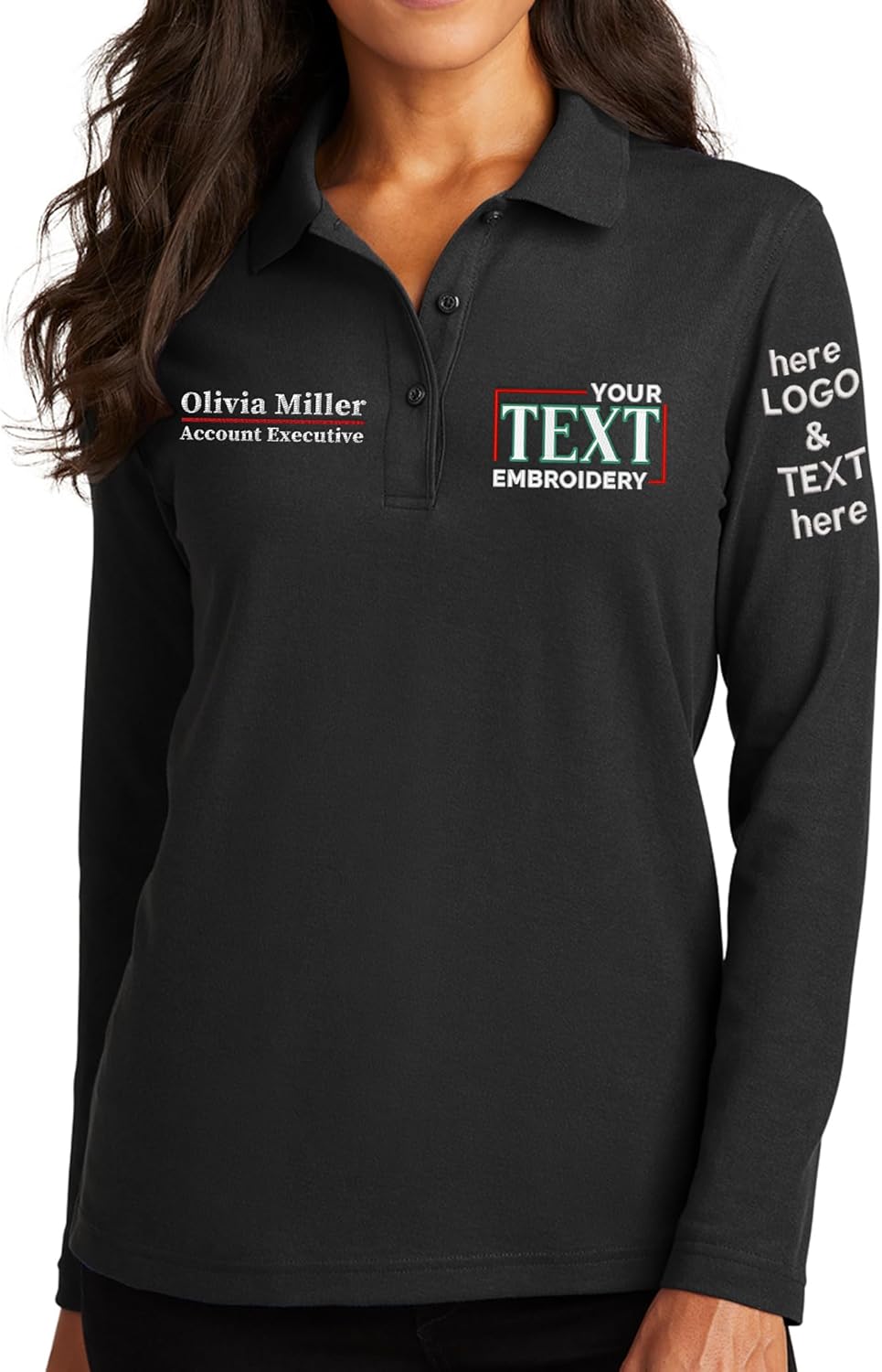Custom Embroidered Long Sleeve Polo Shirt for Women Personalized Embroidery Text