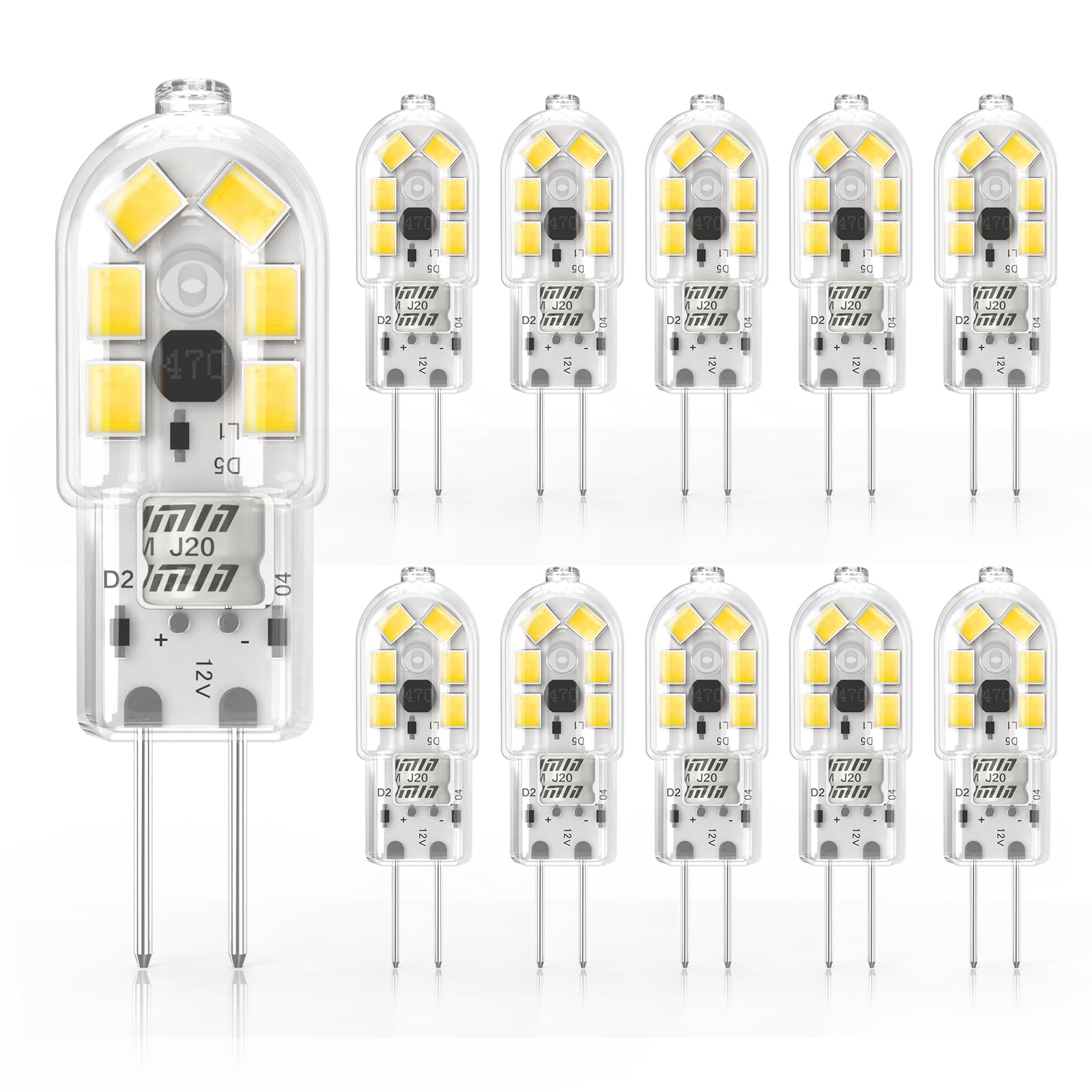 Cxyemt G4 LED Bulbs AC/DC 12V, 2W Equivalent 20W Halogen Bulb, Natural White 4000K, Non-Dimmable, Non Flicker, Energy Saving G4 LED Capsule Light Bulbs for Chandeliers, Range Hood, 10 Pack