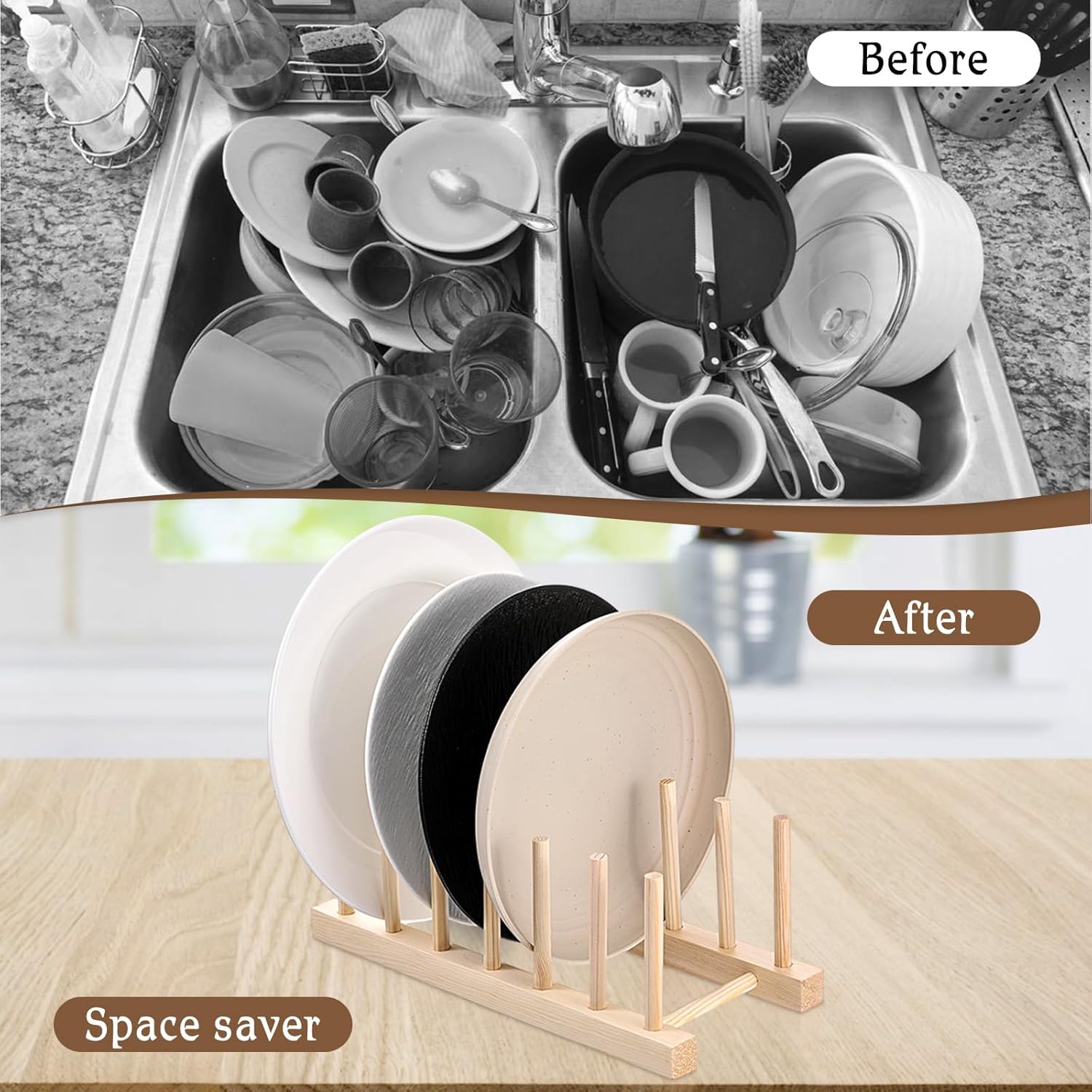 SHENLIU 8 Pcs Bamboo Wooden Plate Rack, 6 Slots Plate Organizer Dish Drying Rack Stand Drainer for for Kitchen Pot Lid Bowl Cup Book Cutting Boards