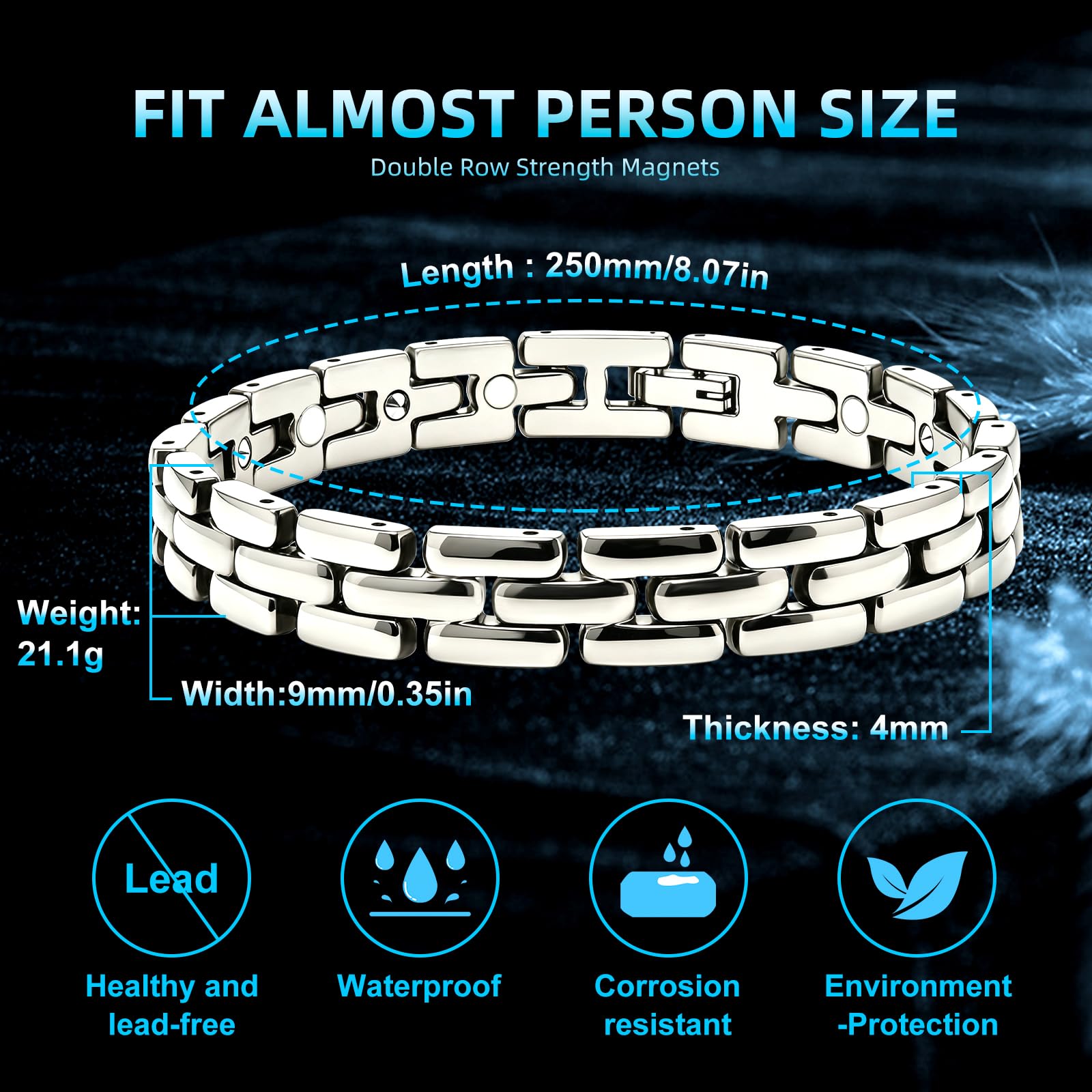 Bracelet magnétique pour homme double rangée en titane avec aimants ultra puissants avec outil de réglage et boîte cadeau