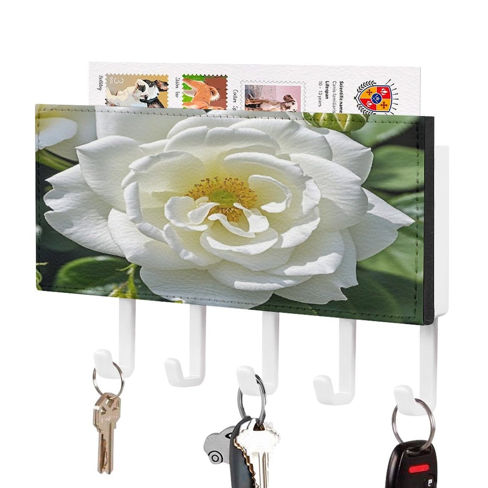 Vstadank White-Style White Rose Key Holder Wall Mount Pu Key Rack Decorative Key And Mail Holder Wall Key Organizer With 5 Key Hooks Key Hanger For Entryway Kitchen Living Room Office Doorway Decor White
