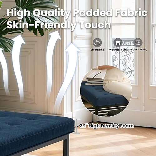 Miniatura 5 de Mesas de café otomanas, mesa de centro cuadrada tapizada de lino de 36 pulgadas con estante de metal para sala de estar, tela de rendimiento en azul