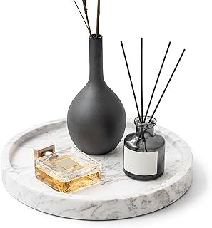 WORHE Natural Marble Decorative Tray for Bathroom Bedroom Kitchen Dresser, Round Vanity Trays for Jewelry, Perfume, Cosmetic, Candle, Countertop Storage Organizer for Home Decor Color White (TP601)