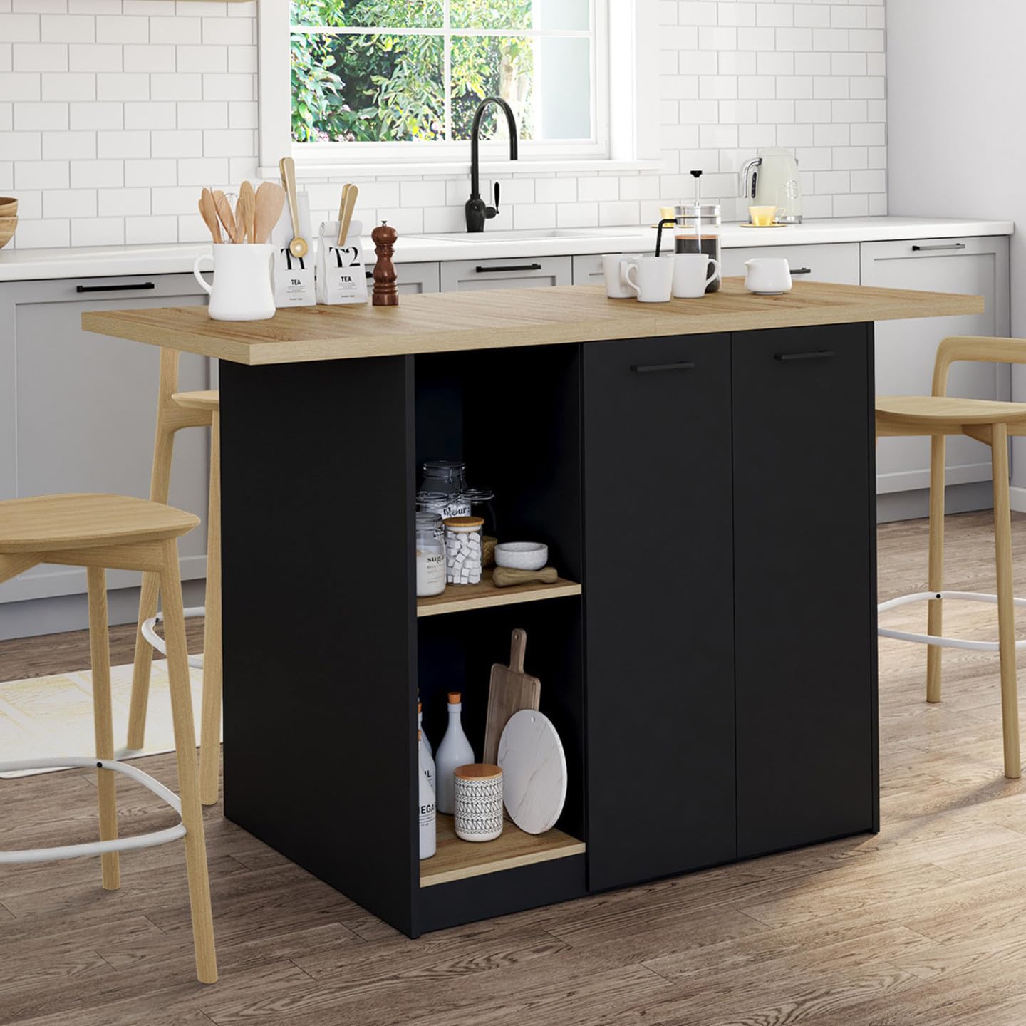 IDMarket - Ilot central BAO 140 cm 4 personnes bois noir avec plan de travail façon hêtre