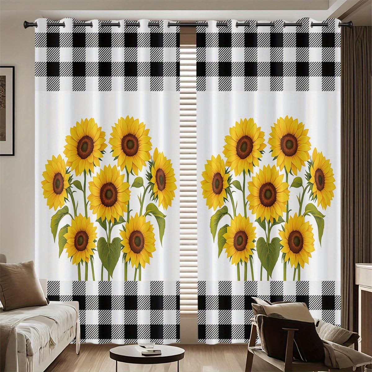 Rideaux occultants gris et blancs à carreaux tournesol 2x70x122cm