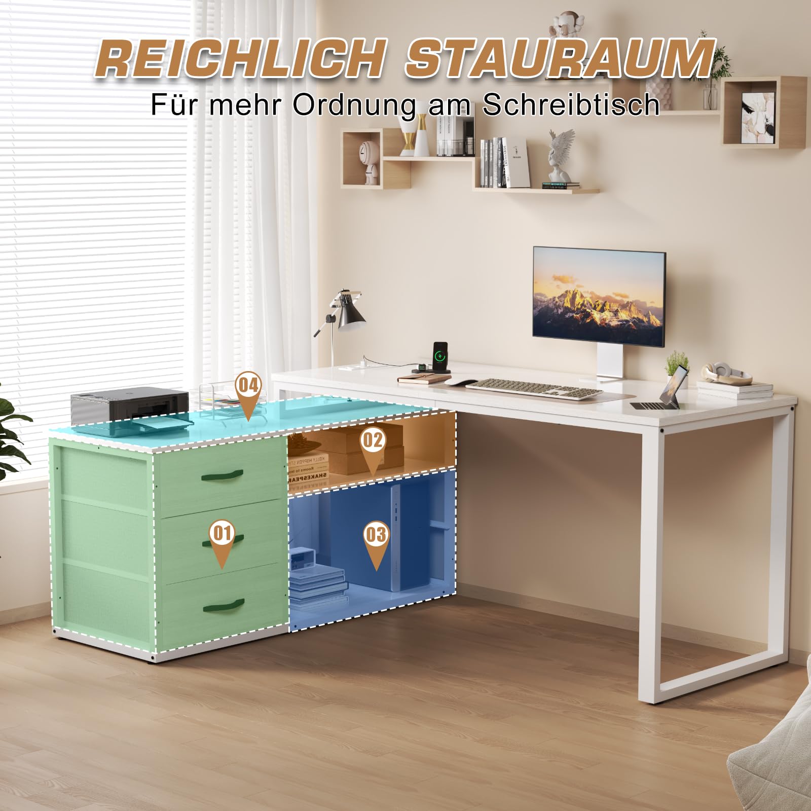 TRIUMPHKEY Schreibtisch l Form mit 3 Schubladen&Stauraum, 140 x 105 x 75 cm Reversible Eckschreibtisch, L-förmiger Schreibtisch mit 2 USB-Ladeanschlüssen und 2 Steckdosen, Weiß