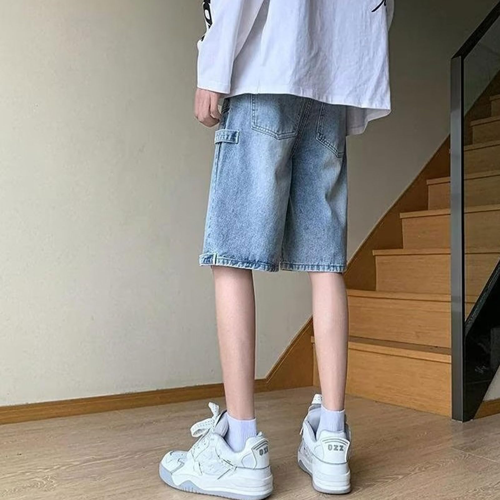 Y2K Pantaloncini in Denim da Uomo Hip Hop Baggy Shorts Jeans Streetwear Vintage con Cerniera Jorts, Blu, L