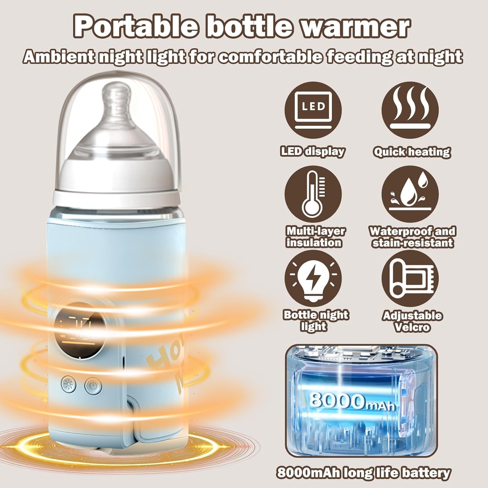 Scaldabiberon per Bambini, Scaldabiberon Portatile, Per Viaggi con Display LCD Ricarica USB Scaldabiberon 6 Temperature Regolabili 38-50℃ Scaldabiberon per Latte Materno Borsa per Viaggi e Casa (Blu)