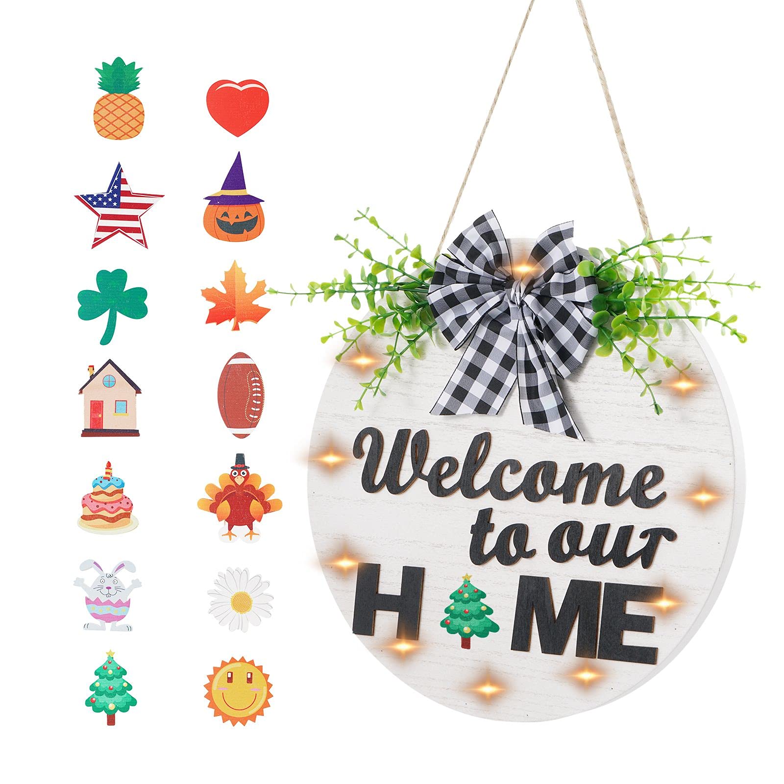 Welcome Sign for Front Door Porch Decor with 14 PCS Interchangeable Holiday Icons 12 Inch Rustic Hanging Outdoor Premium Wooden Door Decorations Outside Farmhouse Wreaths with Led Light (White)