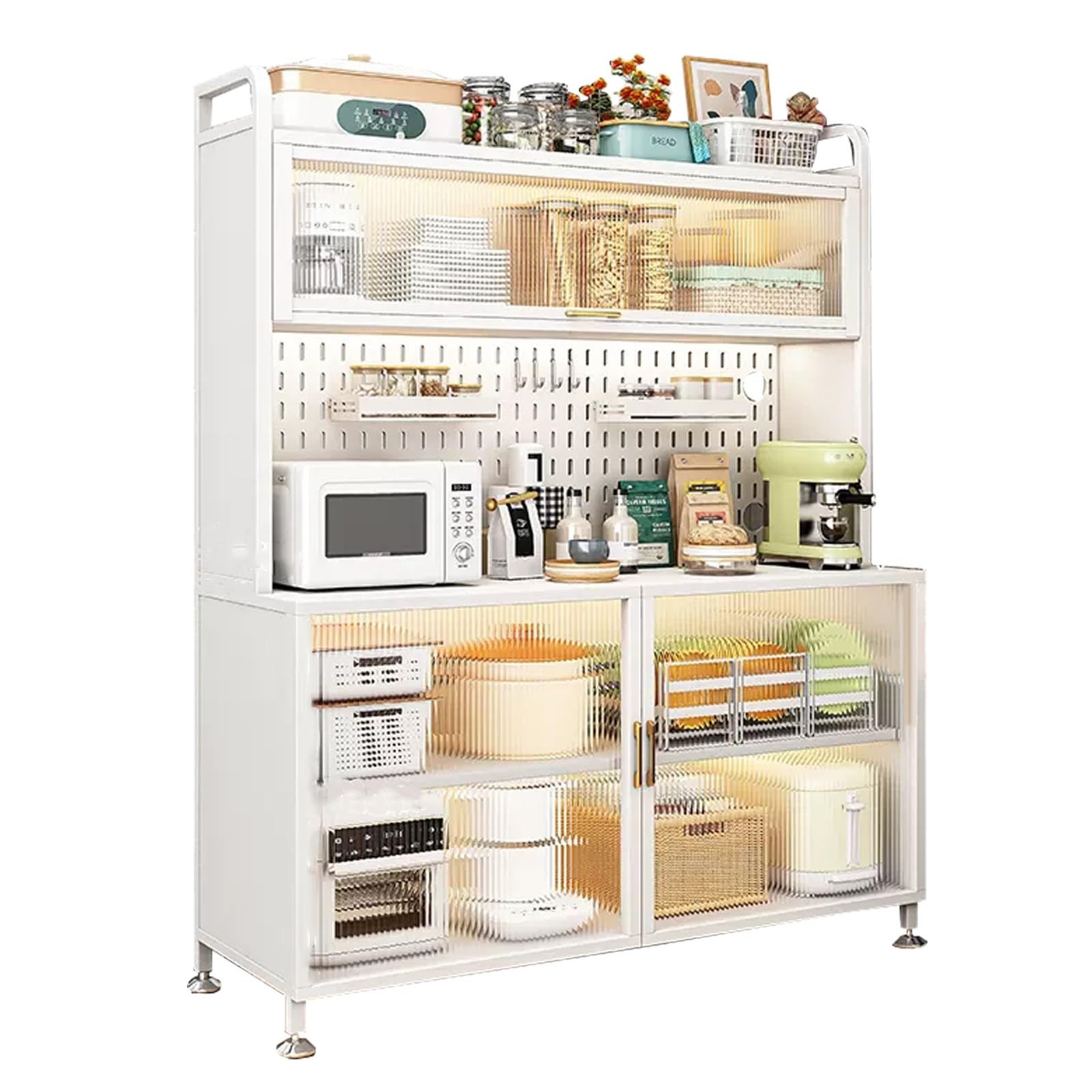 White Metal 5 Tier Kitchen Baker's Rack with Cabinet and Pegboard Large Storage Shelves for Garage Pantry Home Kitchen Organize Spices Pots and Pans