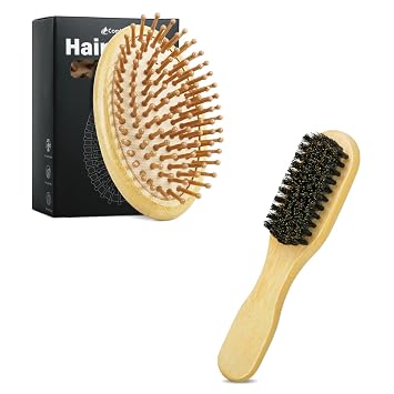 Natural Bamboo Hair BrushNo handle, Massaging Scalp, Detangling brush and Bamboo Slick Back Hair Brush Soft Bristles for Laying Down Edges & Glossy Finish Mini/Trave Boar Bristle Brush to Style