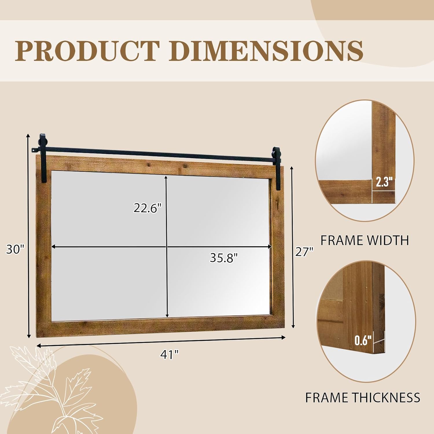 Farmhouse Bathroom Mirror, 41" x 30" Rustic Vanity Mirror, Barn Door Style Wood Framed Wall Mirrors, Rectangle Mirrors for Living Room, Entryway, Brown