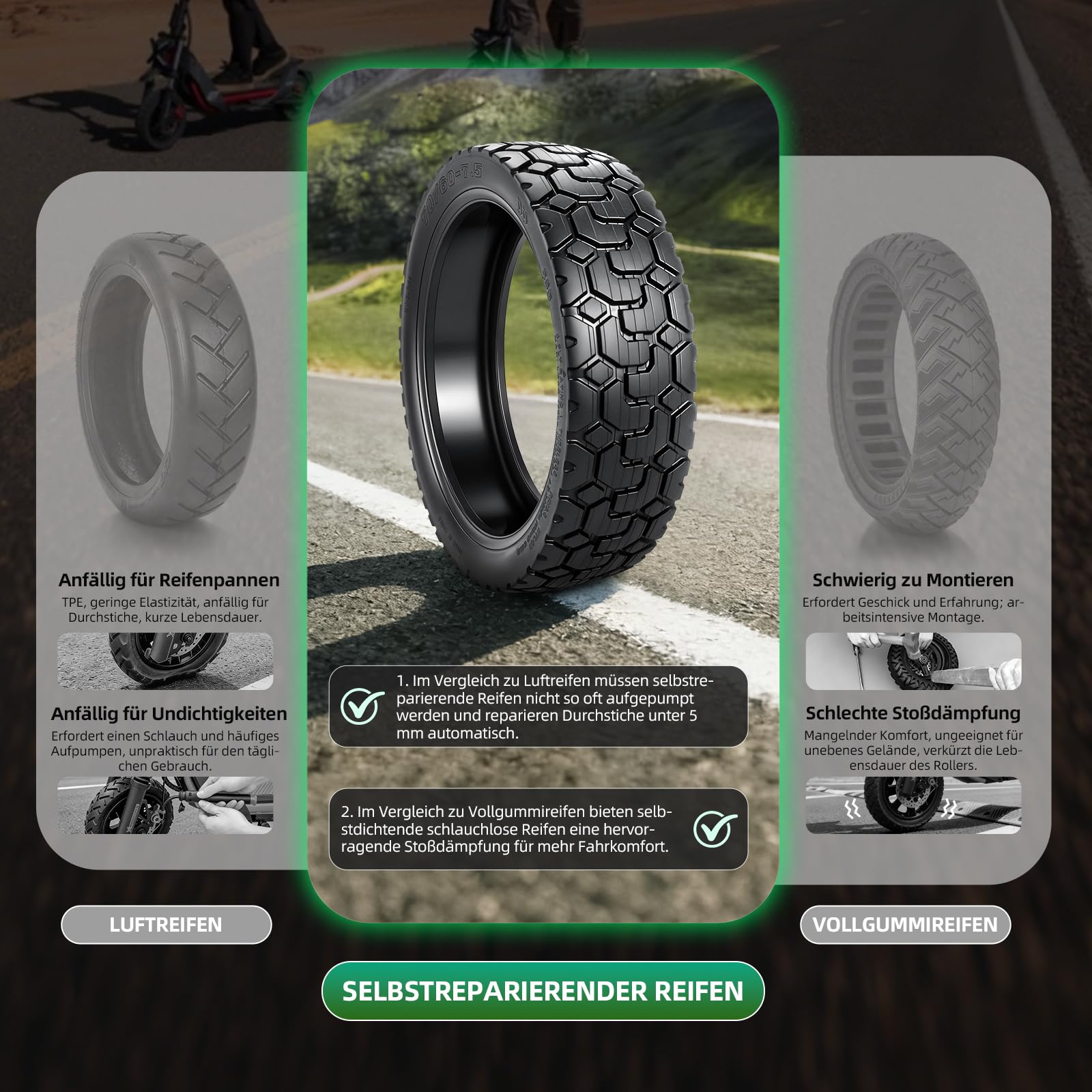 70/60-7,5 Ersatzreifen für Segway Ninebot ZT3 / ZT3 Pro, 11 Zoll Selbstreparierender Schlauchlose Reifen Cross Season Elektroroller Tire mit Kleber (Selbstreparierender-2 Stück)