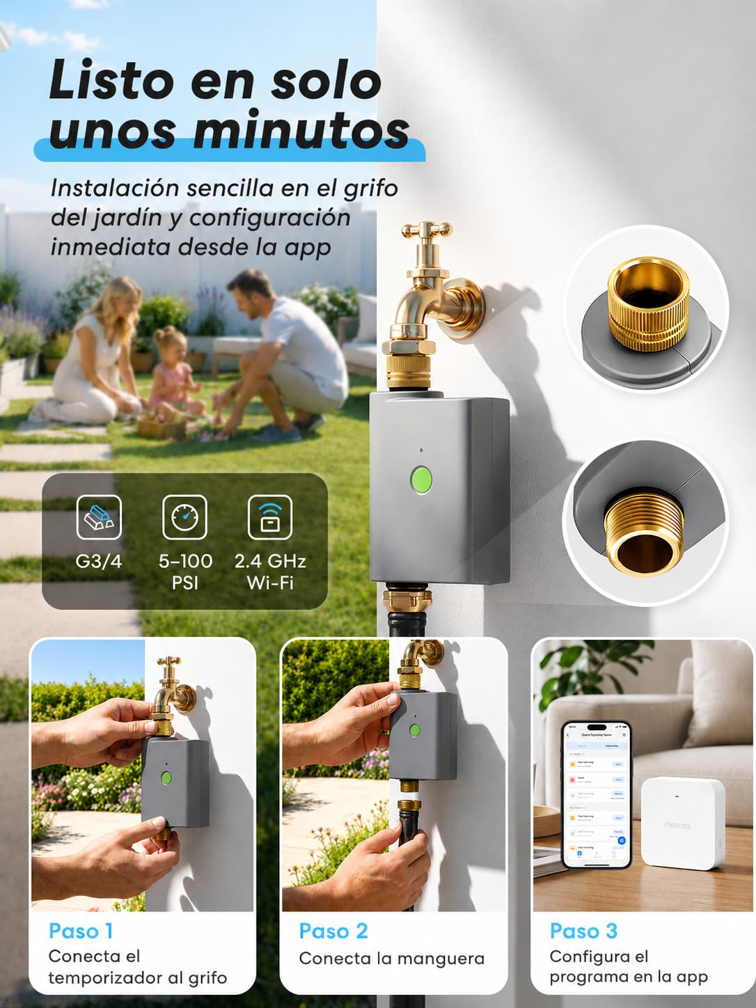 meross Programador Riego WiFi con Smart Hub, Temporizador de Riego Automático para Jardín, App y Control por Voz, Pausa por Lluvia, Consumo de Agua, Latón, IP65, Alexa, Google y Apple HomeKit, Gris