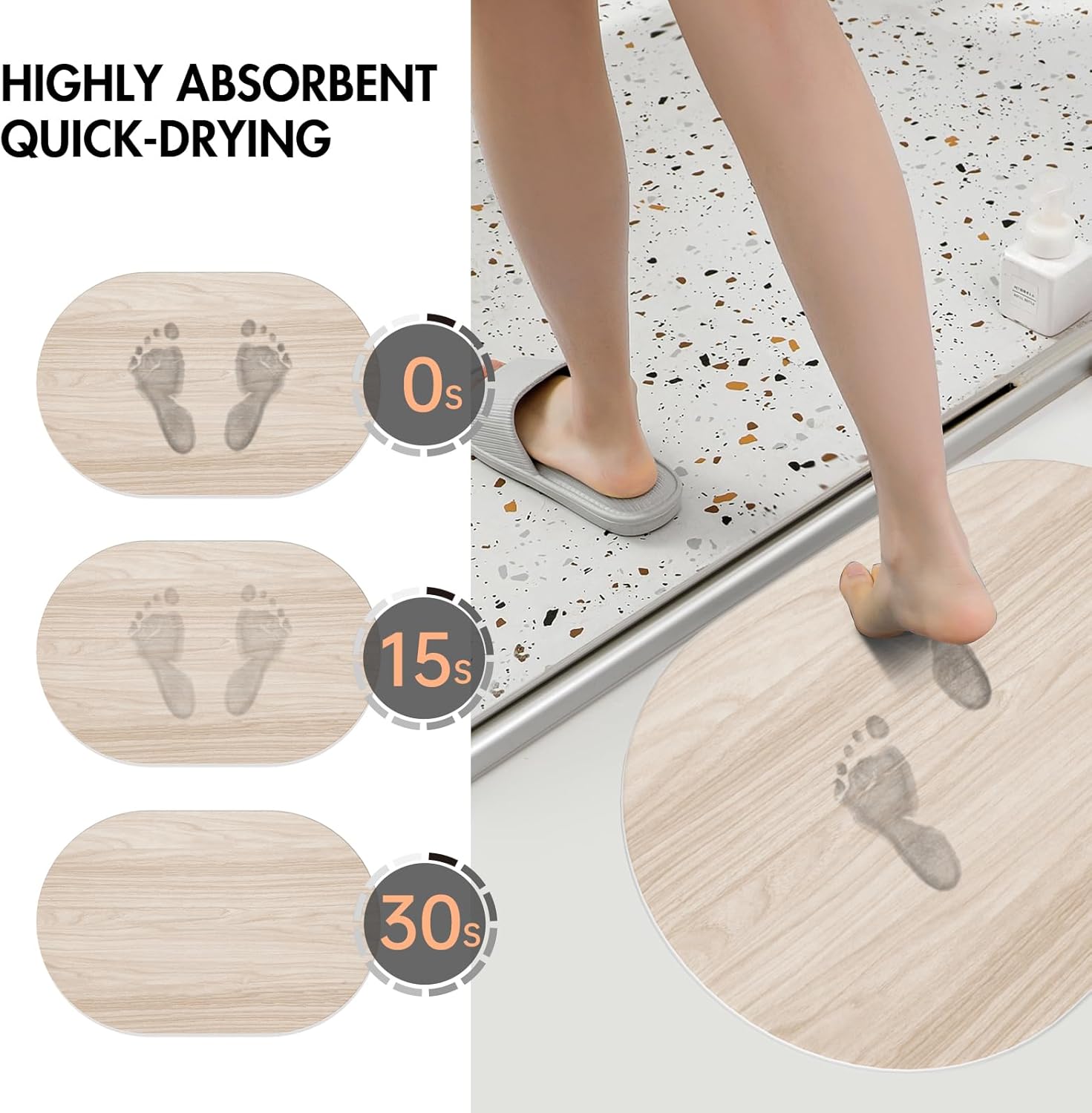 Stone Bath Mat for Bathroom|Diatomaceous Earth Bath Mat|Quick Dry Water Absorbing Bath Stone Mat Large|Non-Slip Bathroom Shower Rug|Easy to Clean (24×16'', Wood Grain, Oval) - Image 3