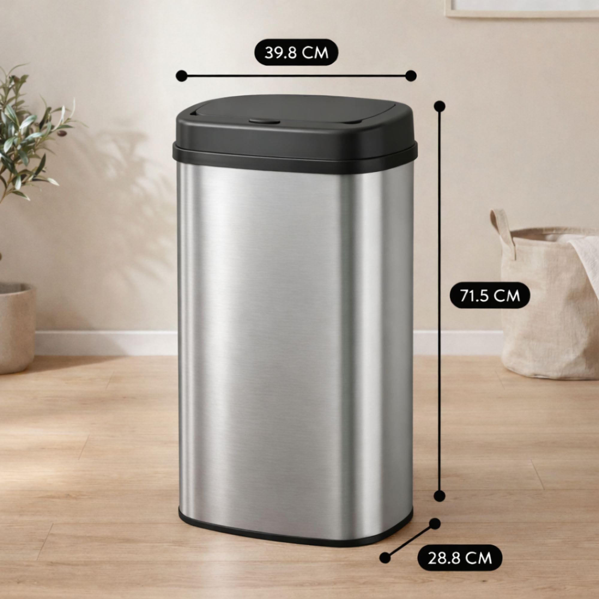 Bayt Pattumiera da 60 l touch, bidone per rifiuti in metallo, grande cestino moderno per cucina e ufficio senza secchio interno - argento