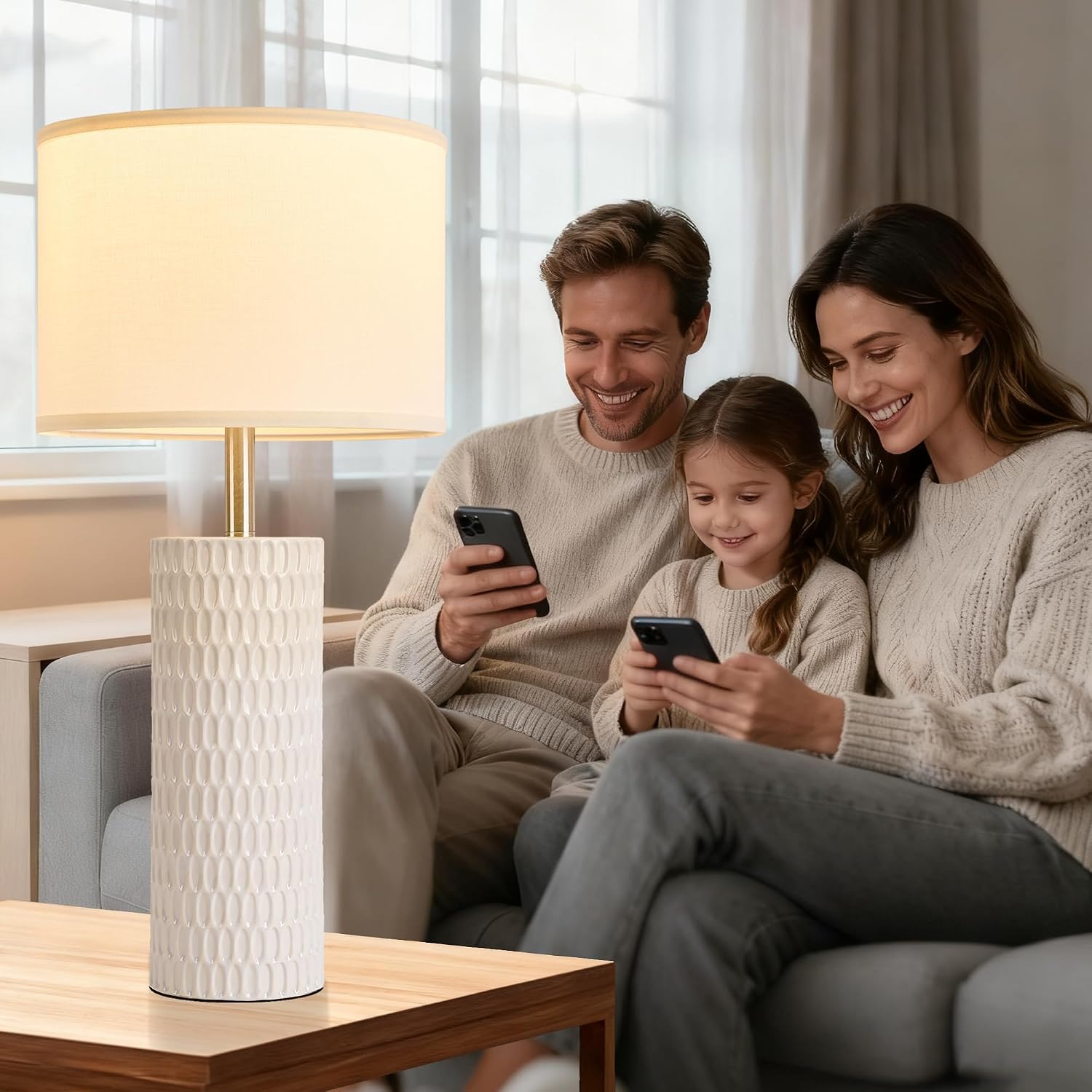 26.5" Ceramic Table Lamp, Table Lamp for Living Room, White Lamp for Bedroom, Night Stand Lamps, Modern Bedside Lamp Set of 2, End Table Lamps, White image 3