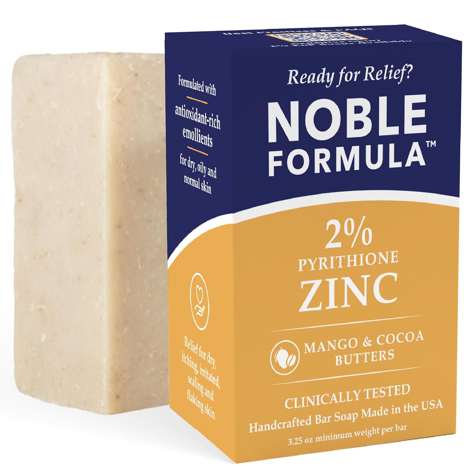Noble Formula 2% Pyrithione Zinc (ZnP) Bar Soap, Vegan Mango and Cocoa Butter for All Skin Types Including Those With Acne, Psoriasis and Eczema, 3.25 oz, (3 Bars in 1 Box), Total 9.75 oz