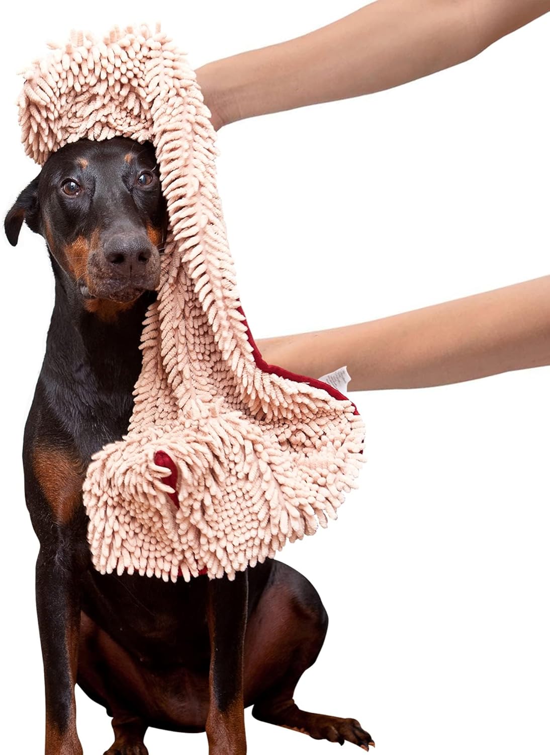 Soggy Doggy Super Shammy Dog Towel – Absorbent Microfiber Chenille Pet Towel for Drying Wet Dogs, Muddy Paws, Quick Dry Dog Shammy with Hand Pockets, Machine Washable – Beige/Red Trim, 31” x 14”